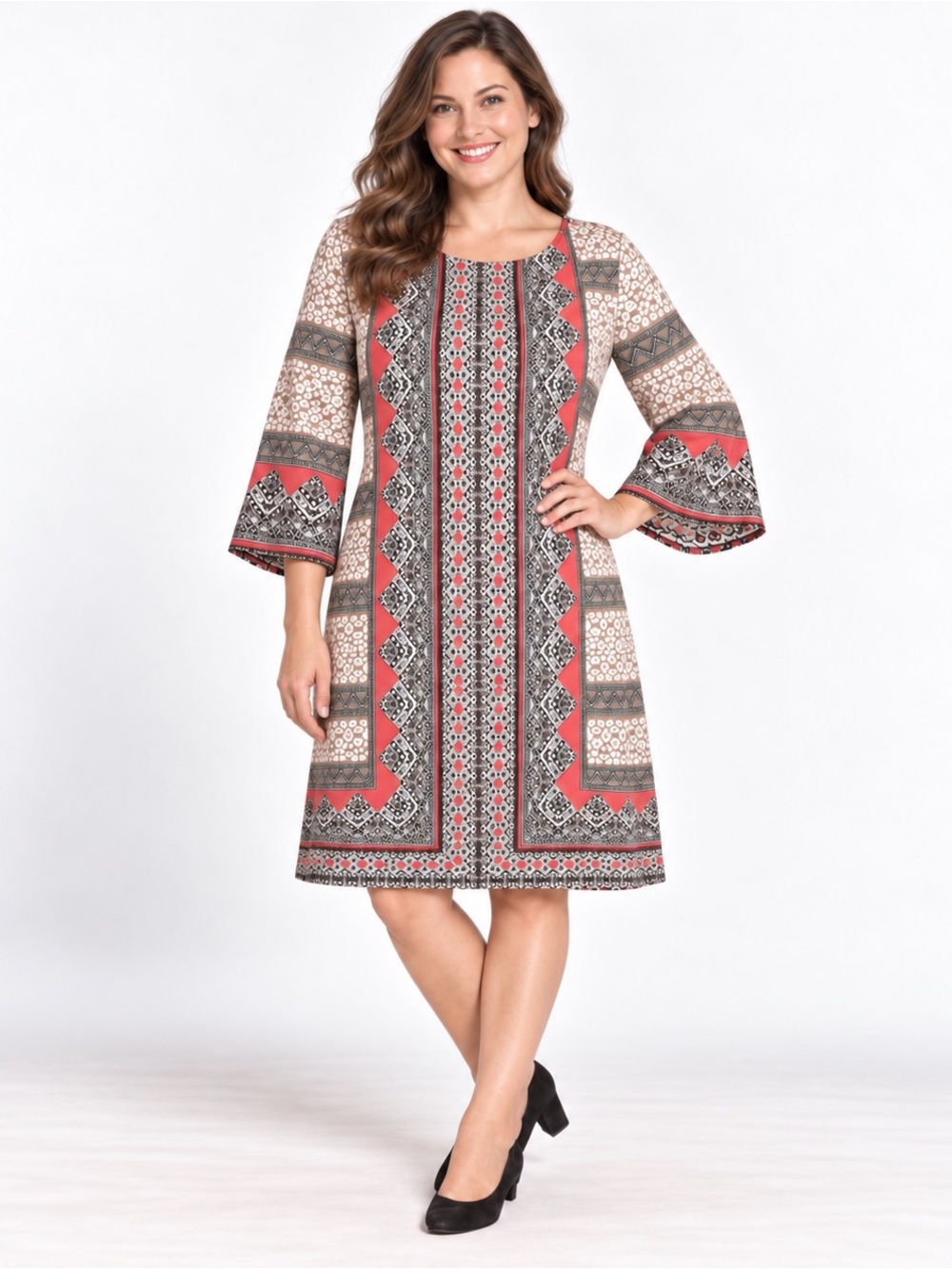 London Style Printed Bell-Sleeve Maxi Dress in Coral, Taupe, Black, and Cream